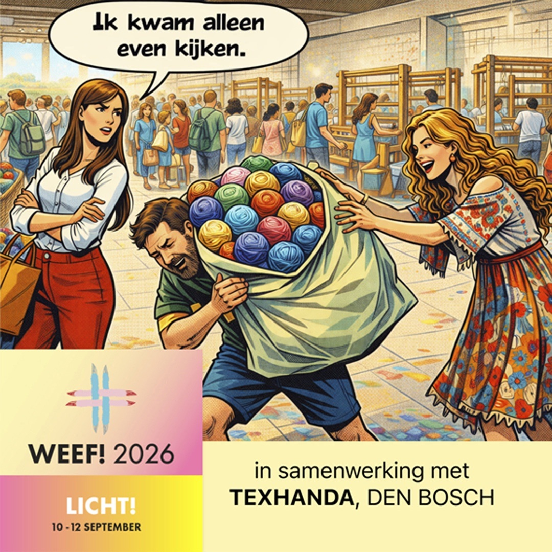 ai gegenereerde cartoon, op de achtergrond een aantal mensen en weefgetouwen, op de voorgrond een man tussen twee vrouwen, de man gaat gebukt onder een grote tas garens, de linker vrouw zegt 'ik kwam alleen even kijken'
